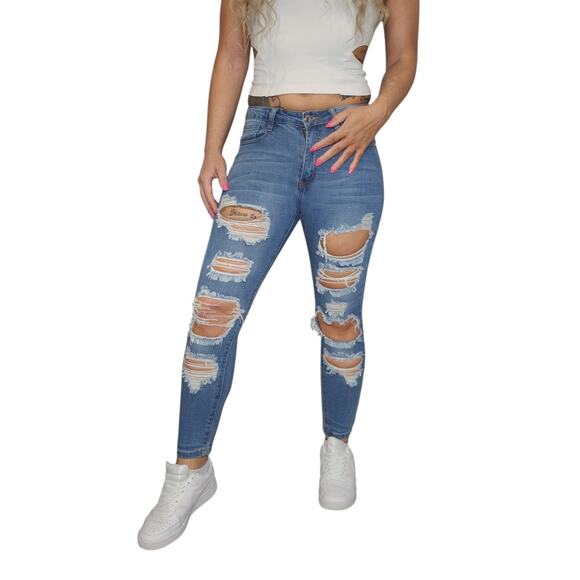Fashion Nova Jeans Womens 26 1 Ripped Destroyed Skinny Mid Rise Medium Wash - Picture 1 of 12